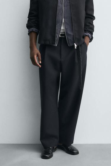 Zara RELAXED FIT PLEATED PANTS - Navy blue