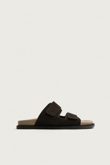 Zara DOUBLE-STRAP LEATHER SANDALS - Chocolate
