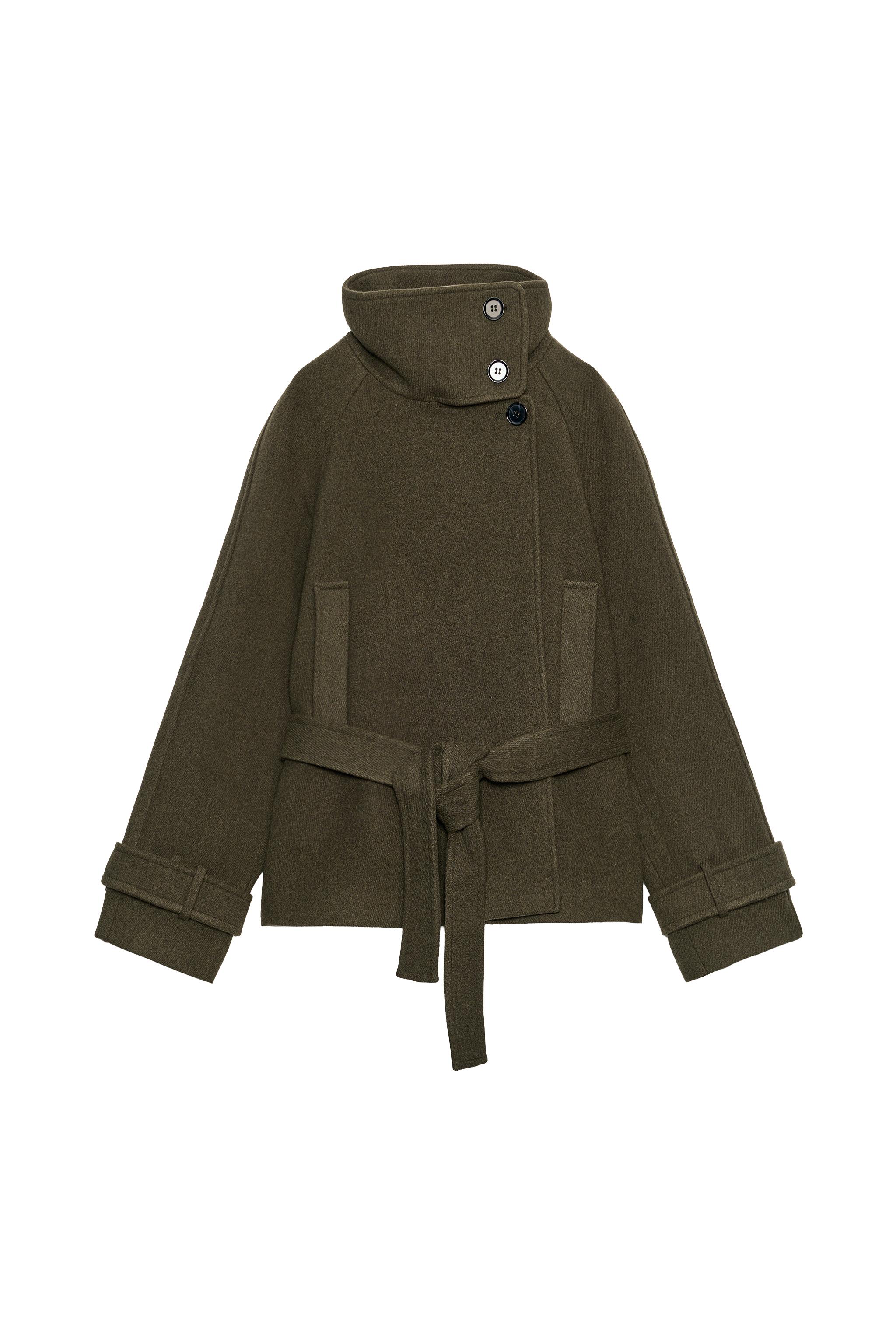 HIGH NECK COAT WITH BELT - Khaki | ZARA United States