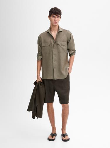 Zara 100% linen shirt with pockets - Khaki - Image 0