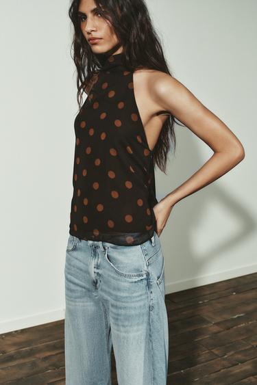 Zara GEORGETTE HALTER TOP WITH DOTS - Khaki