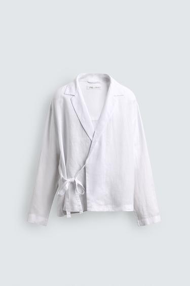 قميص 100% كتان برباط - أبيض by Zara