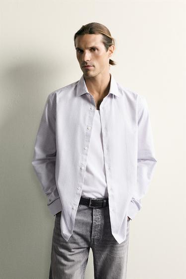 CAMISA SLIM FIT CUADROS - Gris perla de Zara