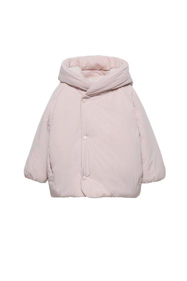 Front view of light pink coat with hood and buttons
