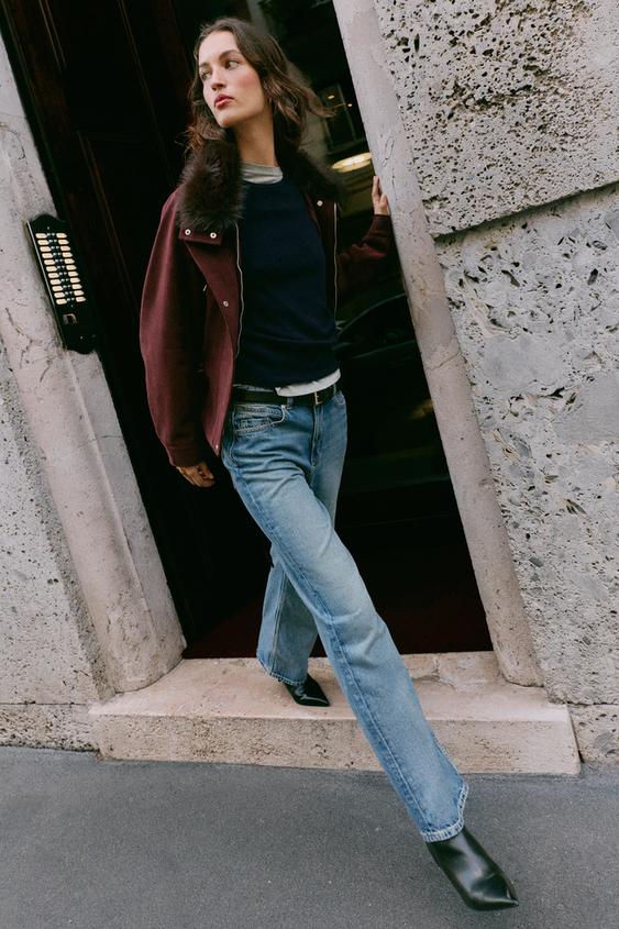 SHEEPSKIN COLLAR BELTED JACKET - Aubergine by Zara - Image 0