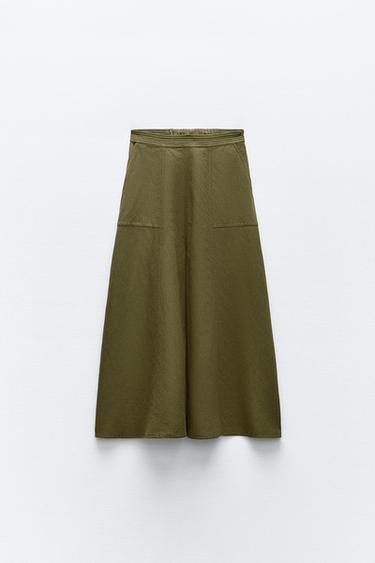 SUKNĚ MIDI S LNOVOU VRSTVOU - Khaki od Zara