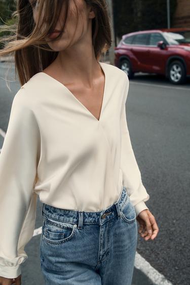 SATIN WRAP BLOUSE - Ecru by Zara
