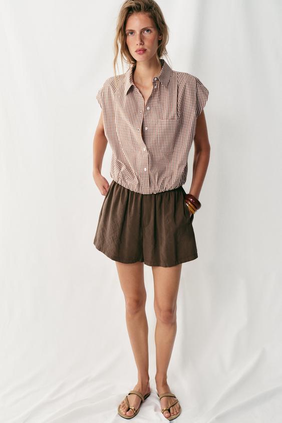 CROPPED GINGHAM SHIRT - brown/white by Zara - Image 0