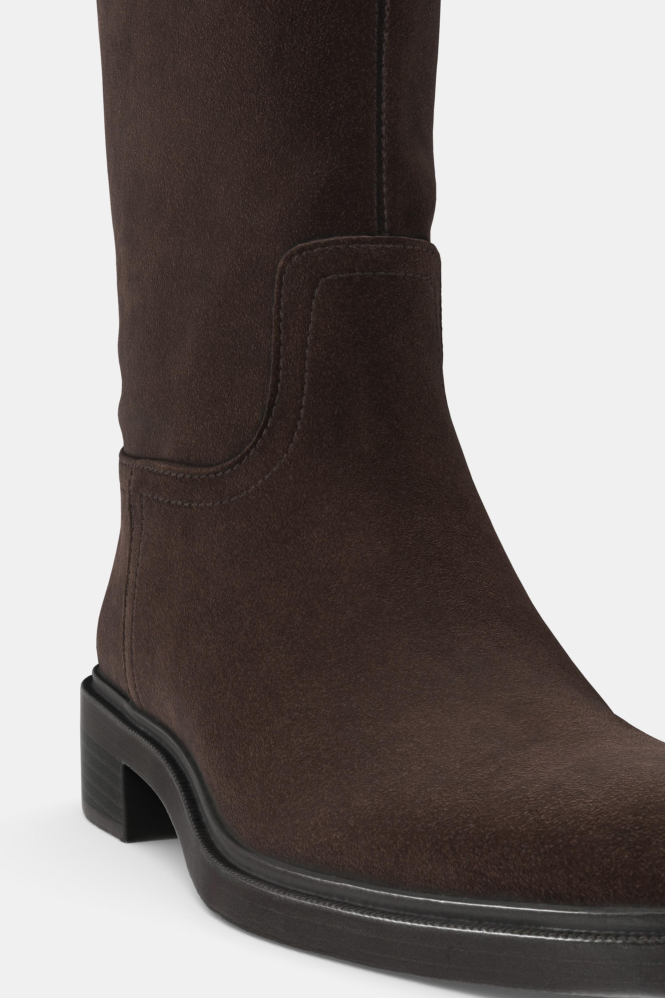 Zara LOW HEELED EQUESTRIAN SPLIT LEATHER BOOTS - Brown