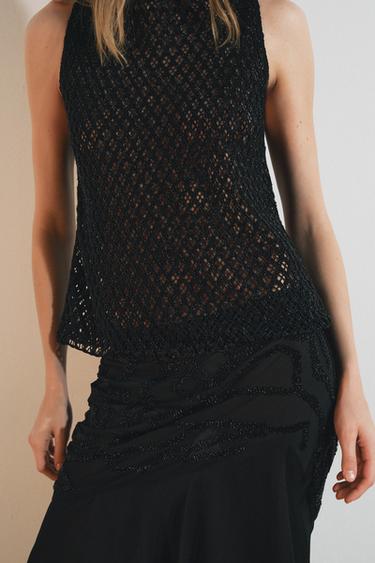 Zara STRUCTURED OPEN-KNIT BEADED TOP - Black