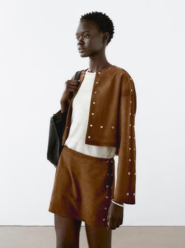 Chaqueta eyelets piel ante - Marrón claro de Zara
