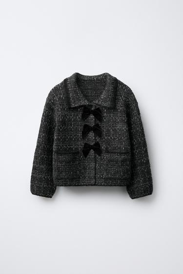 Zara 閃亮天鵝絨蝴蝶結飾針織開襟衫 - 炭灰色 - 圖片 0