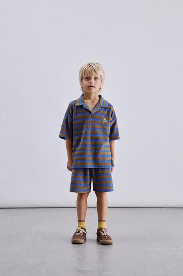 STRIPED TOWELLING POLO SHIRT AND BERMUDA SHORTS SET - Blue by Zara