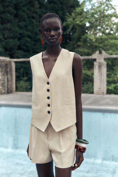 جيليه طراز مفصّل بالكتان - بيج فاتح الخاص بـ Zara
