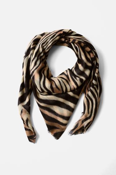 Zara ANIMAL PRINT MODAL SILK SCARF - Beige