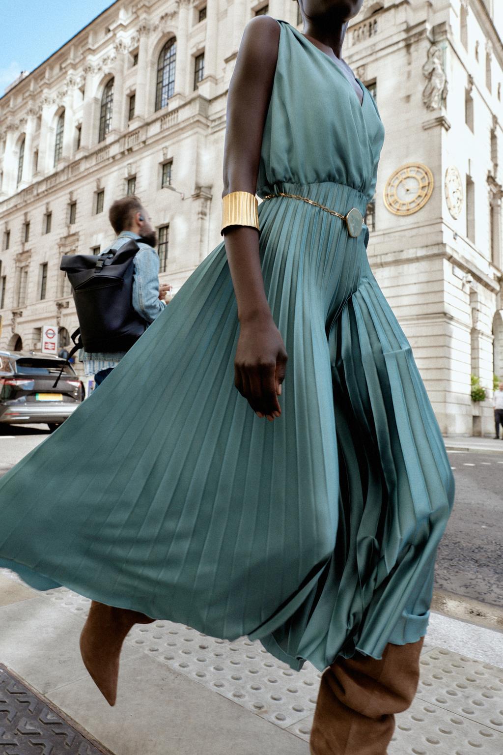 BELTED PLEATED MIDI DRESS