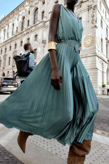 PLEATED MIDI DRESS WITH BELT - Blue / Steel by Zara