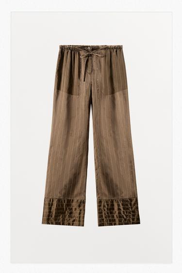 Zara STRIPED PAJAMA PANTS - taupe brown