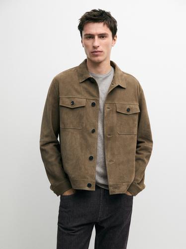 Zara Distressed effect leather jacket with pockets - Light green