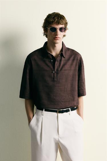 Zara LINEN COTTON BLEND POLO SHIRT - Chocolate