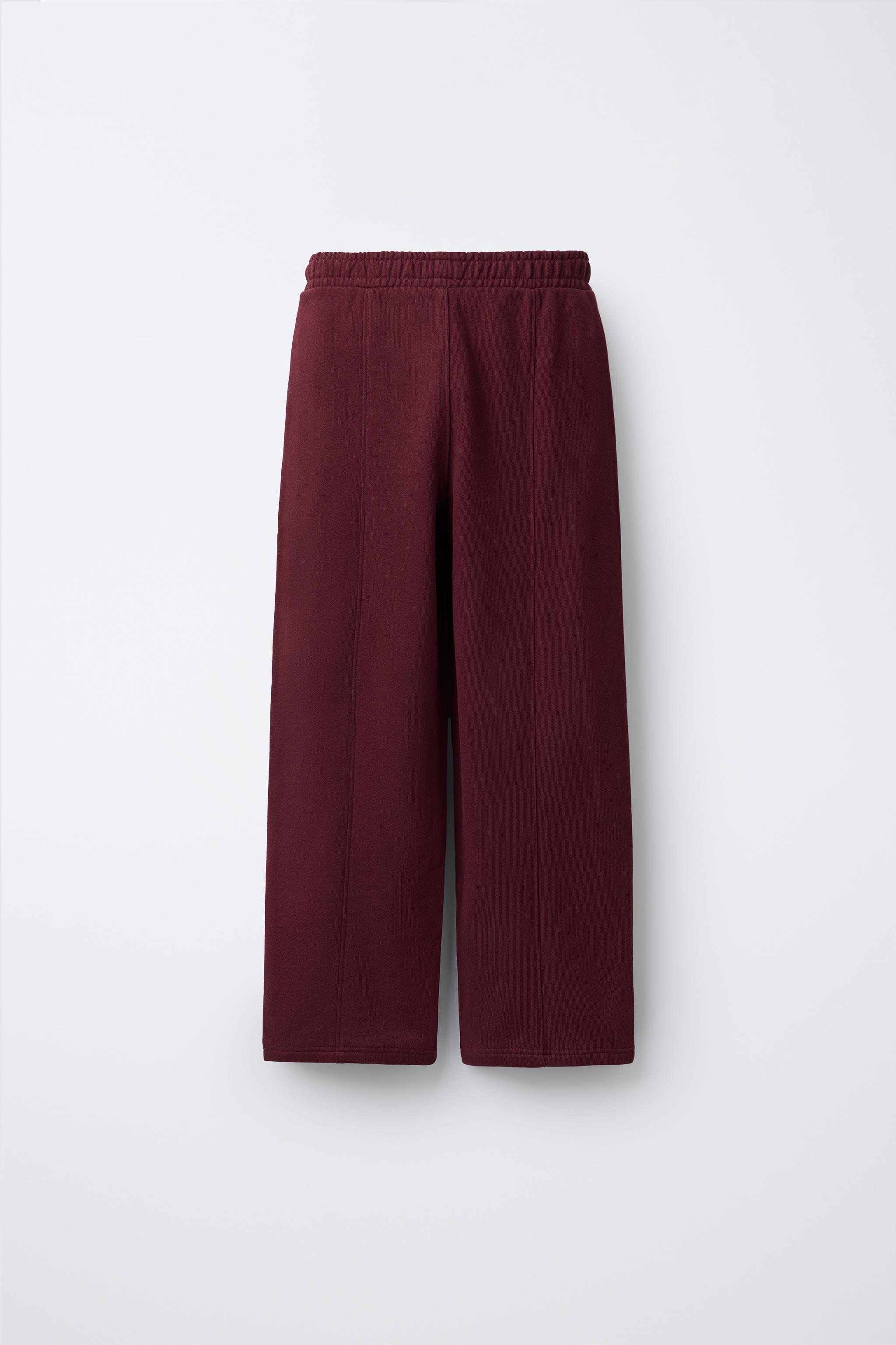 STRAIGHT-LEG PLUSH TROUSERS WITH SLOGAN - Burgundy | ZARA Spain
