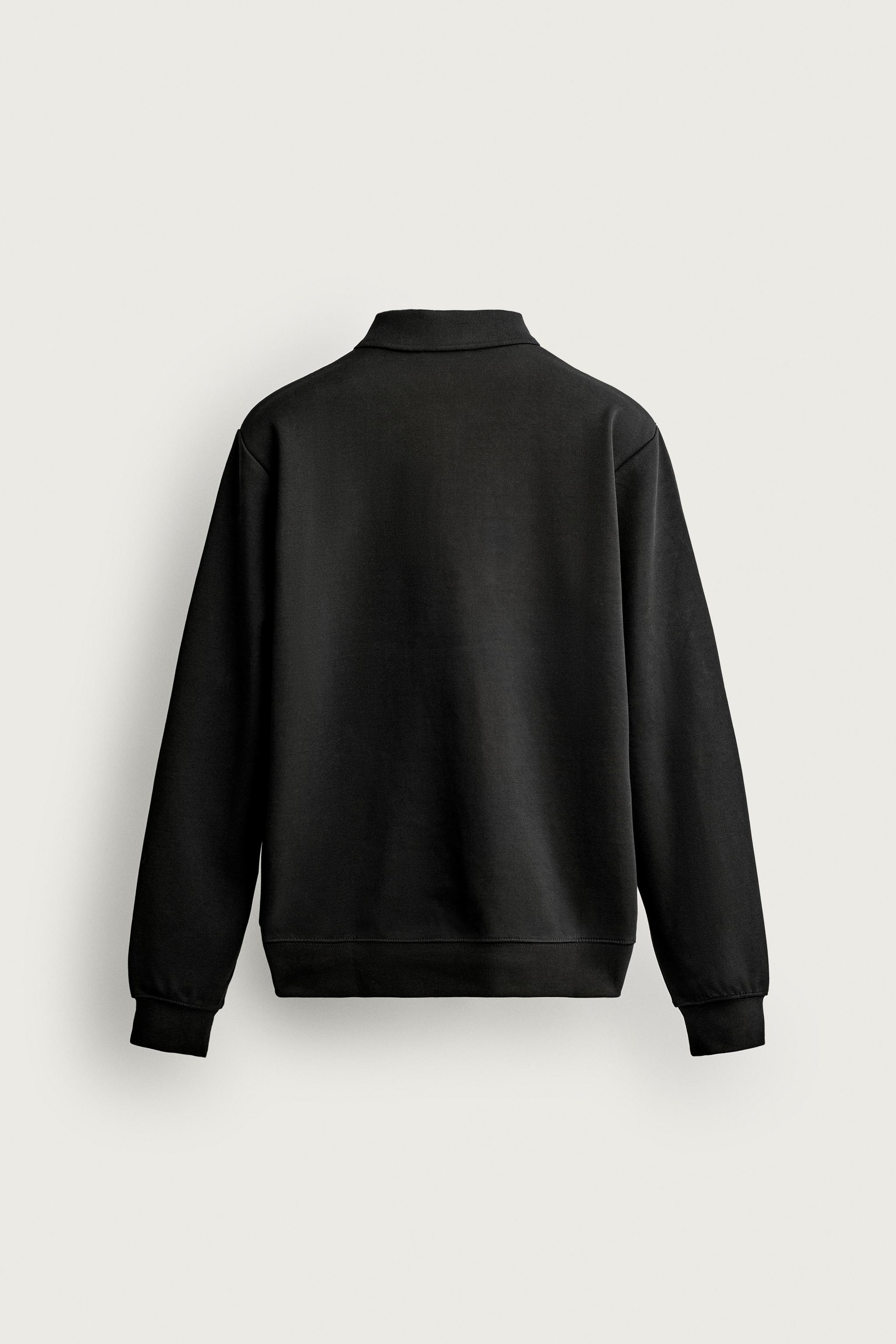 ZIP-UP INTERLOCK POLO SWEATSHIRT — Black
