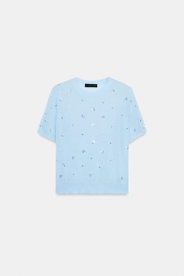 TOP DIN TRICOT CU MÂNECĂ SCURTĂ ȘI PAIETE - Albastru pastel de la Zara