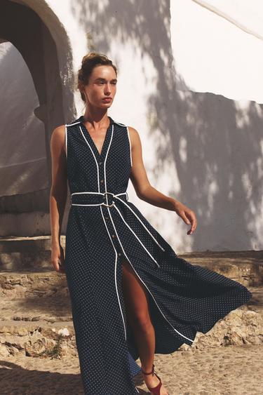 ROBE MIDI À POIS Bleu Blanc ZARA France