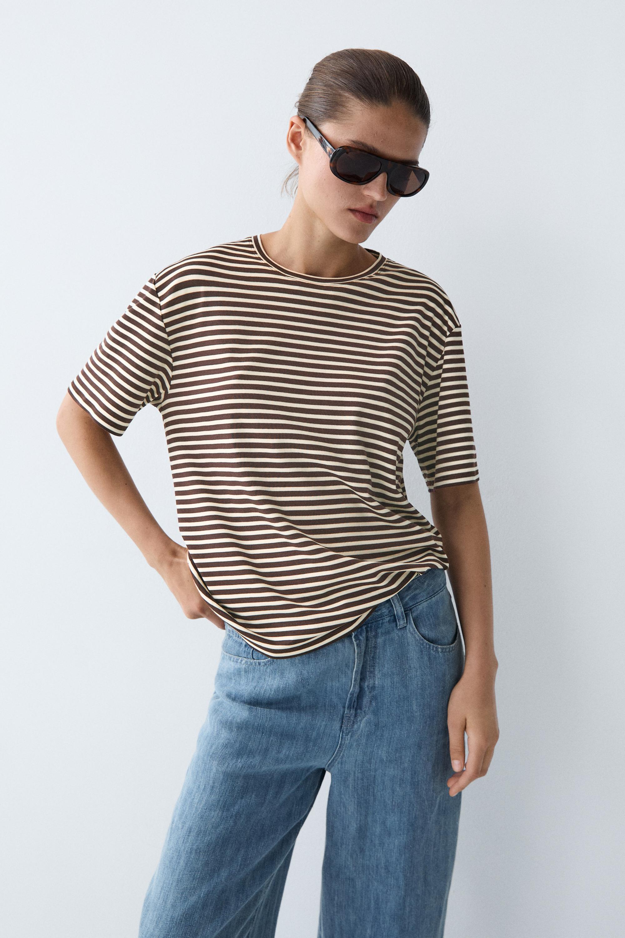 100% cotton striped short sleeve T-shirt — Dark brown