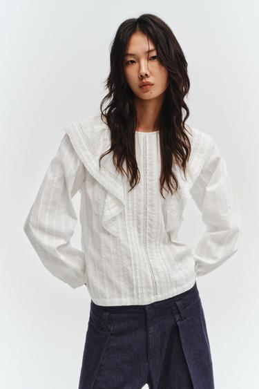 Zara 浪漫風荷葉邊襯衫 - 磨白色