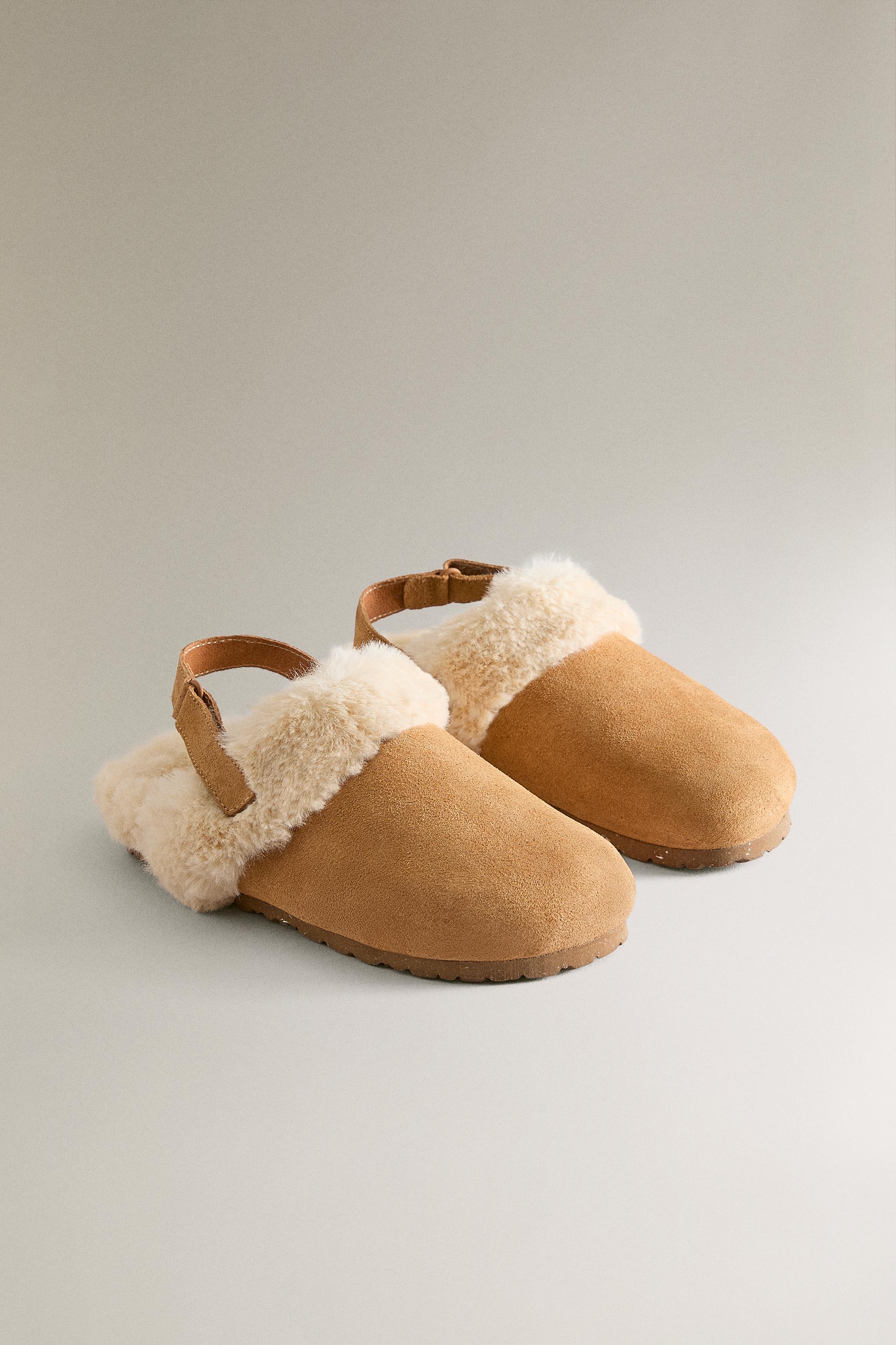 KIDS’ WARM LEATHER MULE CLOG SLIPPERS — Brown