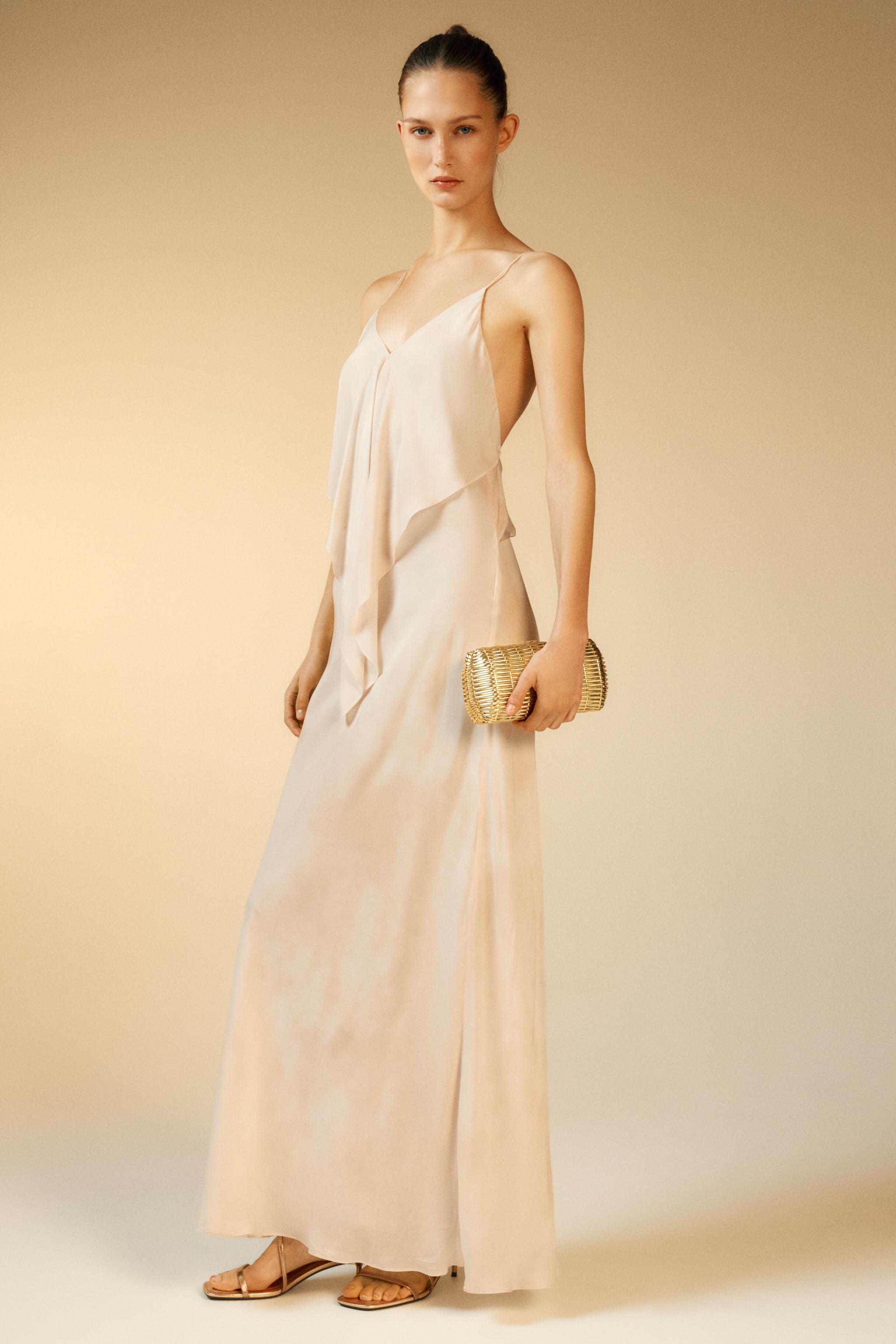 LONG SATIN DRESS WITH FRILL - Light beige | ZARA South Africa
