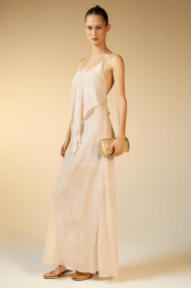 VESTIDO LONGO ACETINADO COM BABADO - Bege-claro da Zara