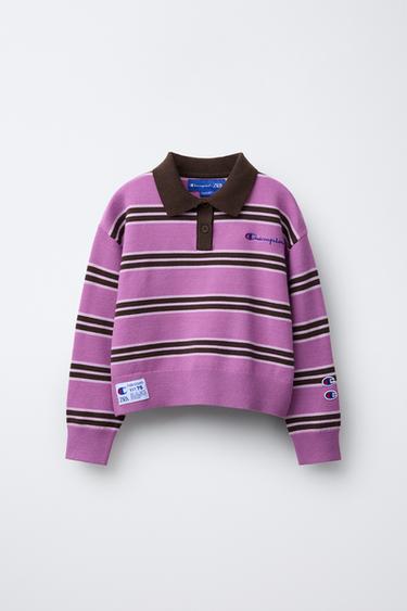 Zara CHAMPION ® X ZARA EMBROIDERED STRIPED KNIT SWEATER - Purple