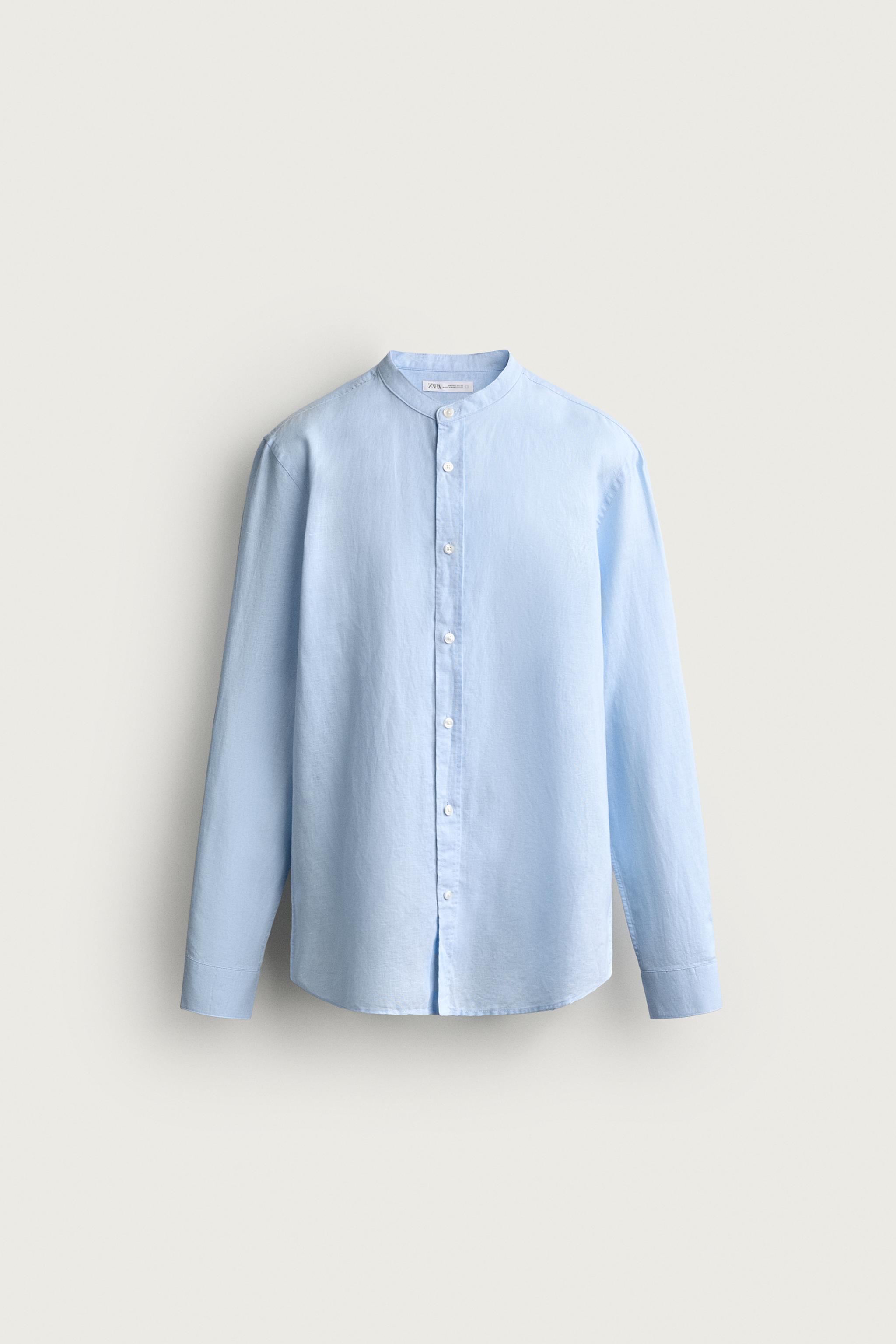 LINEN COTTON RELAXED FIT SHIRT — Sky blue