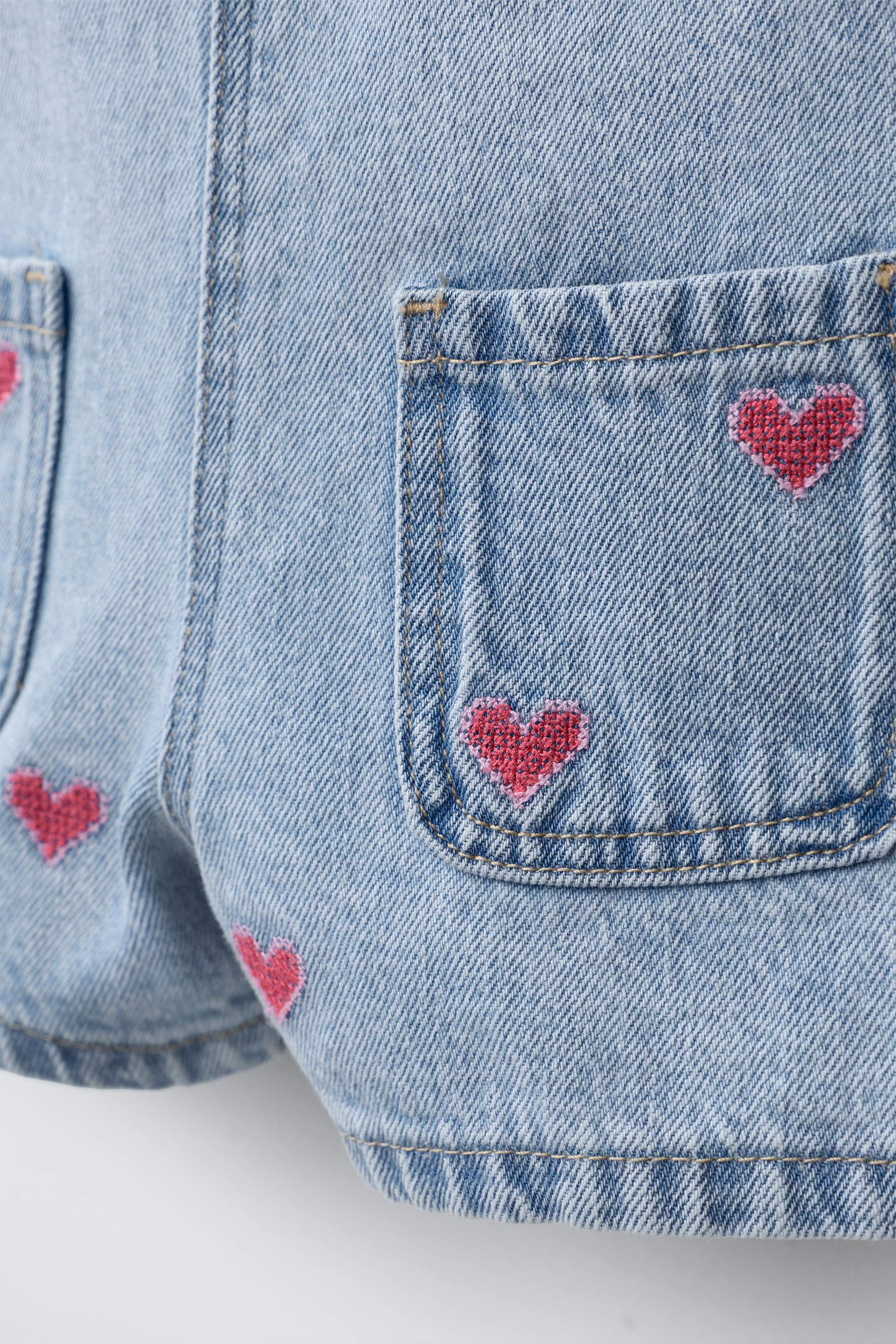 HEART EMBROIDERED DENIM OVERALLS