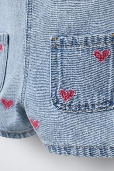 EMBROIDERED HEART DENIM SHORT DUNGAREES - Blue by Zara - Image 3