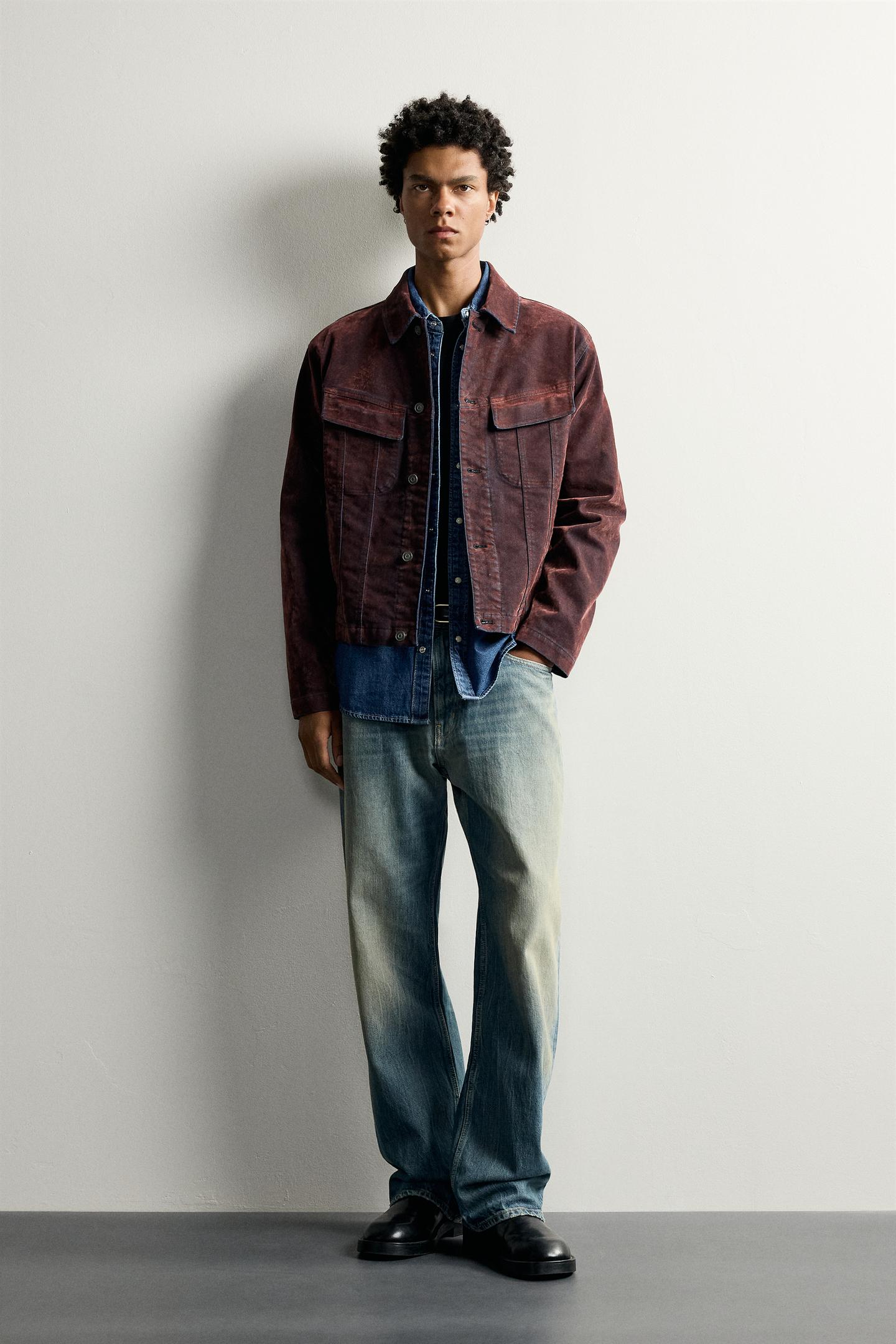 Мужская куртка Zara Flocked Denim Cropped Jacket, цвет: Красный — фото 1