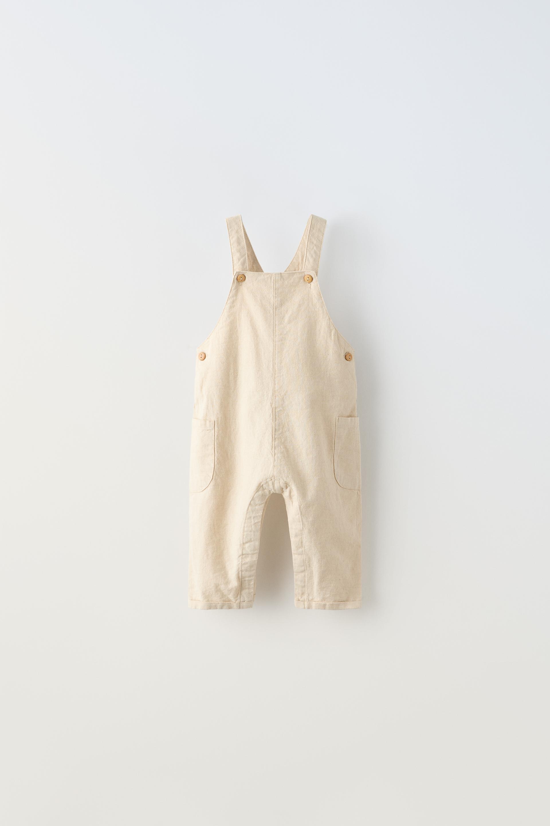 LINEN BLEND LONG DUNGAREES - Light beige