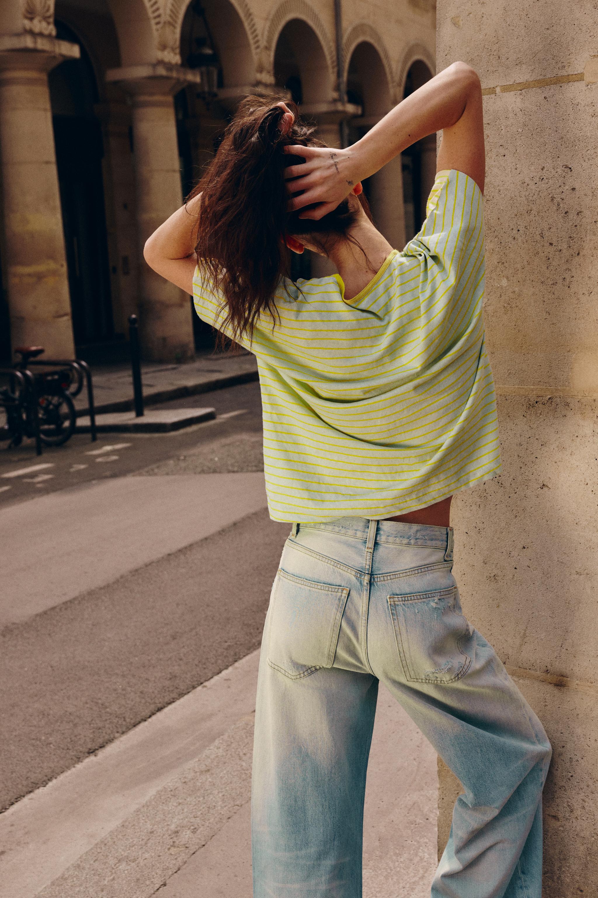 Zara PAMUKLU VE KETEN ÇİZGİLİ T-SHIRT görsel 4