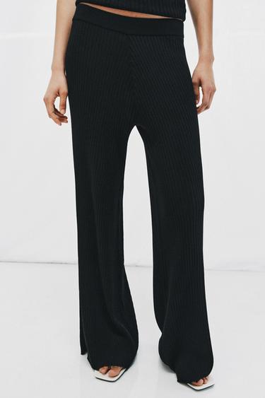 PANTALON LARGE EN MAILLE CÔTELÉE - Noir de Zara - Image 1