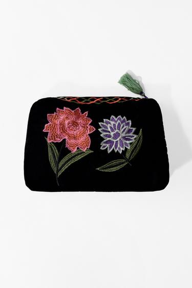 QUILTED VELVET TOILETRY BAG WITH FLORAL EMBROIDERY - Black by Zara