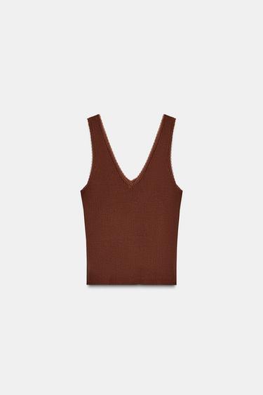 LACE TRIM RIB TOP - Mocha by Zara