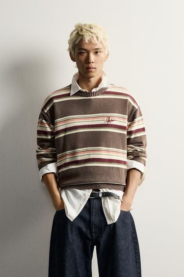 STRIPED EMBROIDERED JACQUARD SWEATER — Brown 2