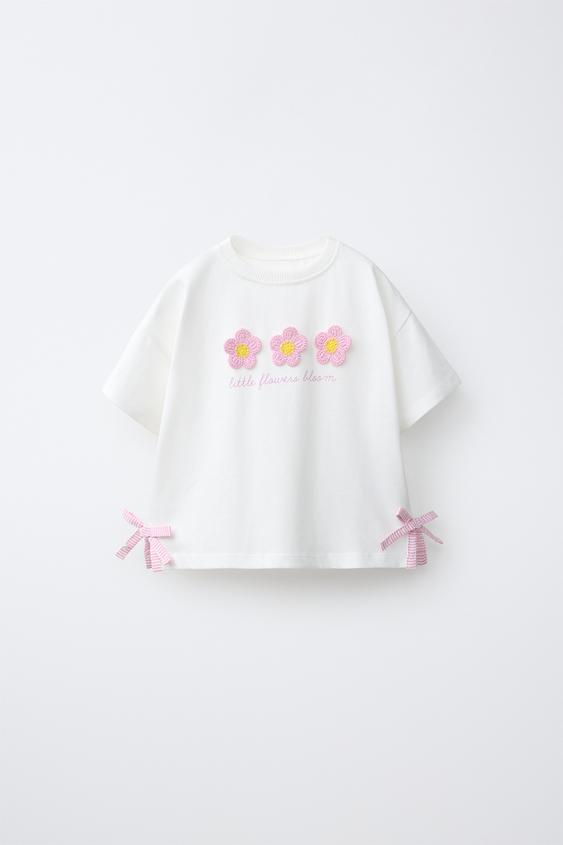 CAMISETA FLORES PUNTO CROCHET - Blanco de Zara - Imagen 0