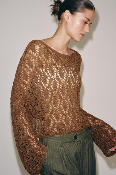 CUTWORK KNIT BELL SLEEVE JUMPER - dark russet by Zara