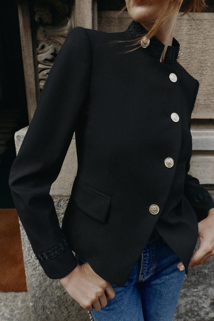 TRIMMED DOUBLE-BREASTED BLAZER — Black