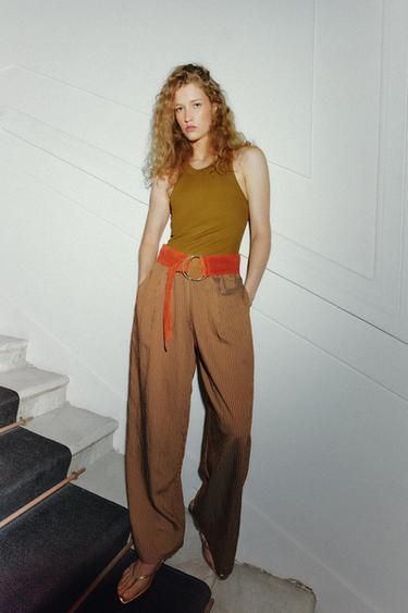 ШИРОКИЕ БРЮКИ В ПОЛОСКУ — КАРАМЕЛЬНЫЙ от Zara — изображение 0