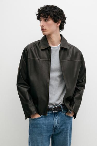 Zara Distressed effect leather jacket - Dark brown