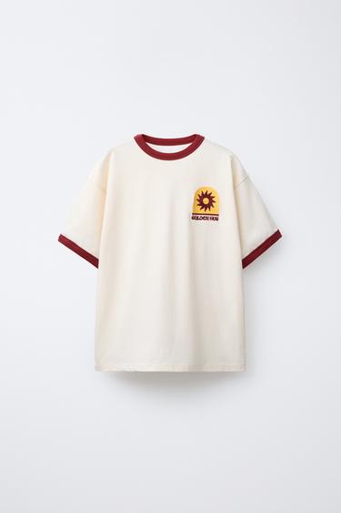 Zara CONTRAST EMBROIDERY T-SHIRT - Ecru
